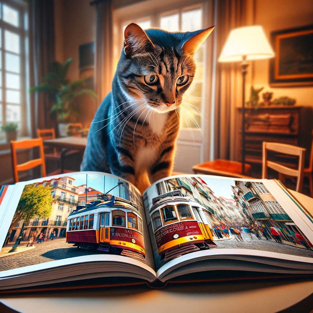 Curious cat perusing a book of famous Portuguese landmarks indoors