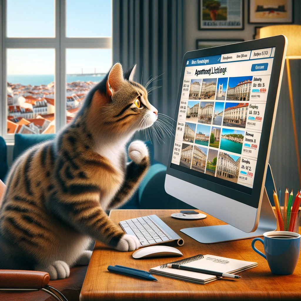 A realistic cat intently reviews apartment listings on a computer screen, surrounded by a cozy home office setup with Lisbon's cityscape visible from the window.