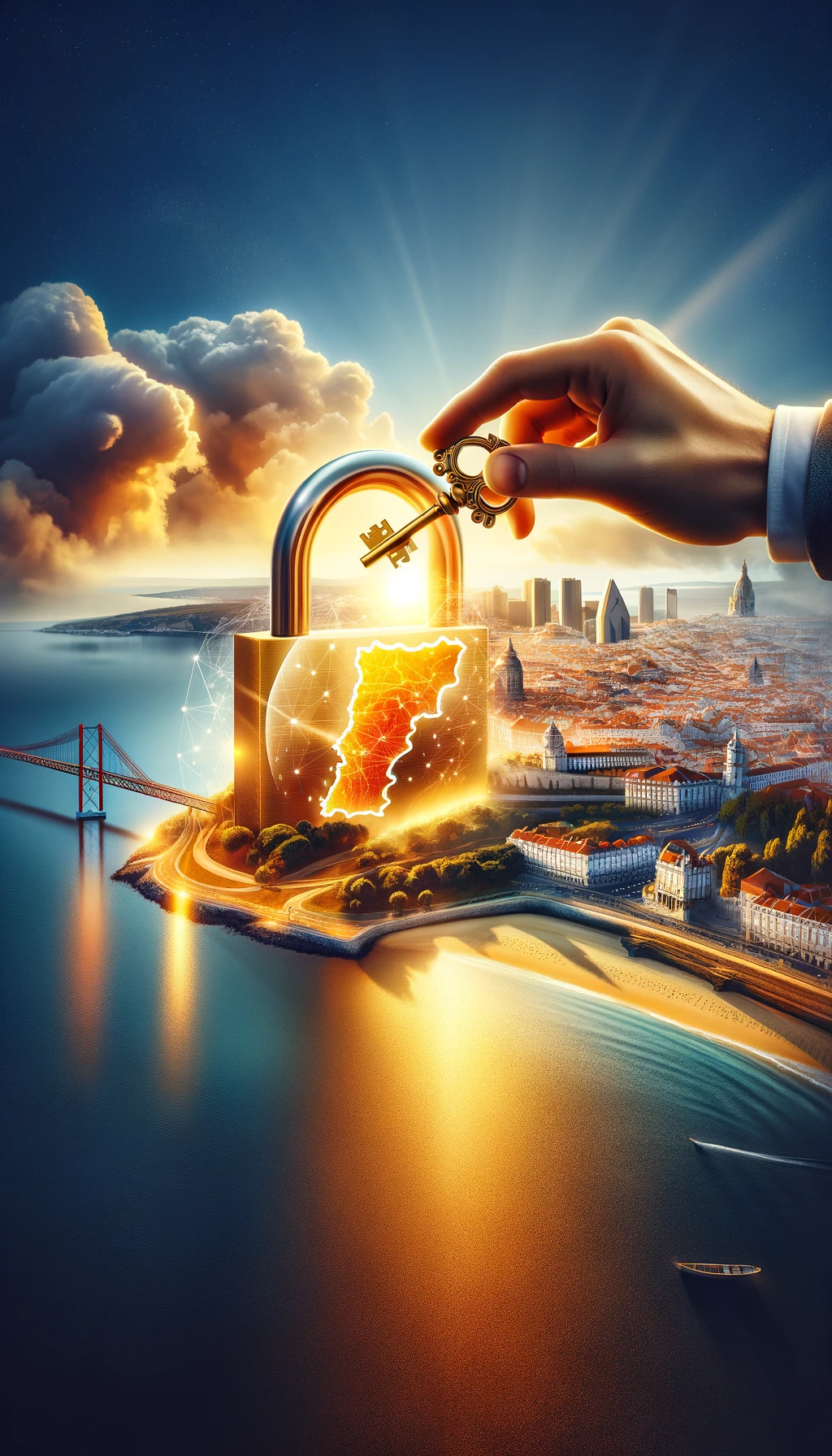 A realistic image showcasing a golden key turning in a lock over a transparent map of Portugal, set against a backdrop of iconic Portuguese landscapes, symbolizing expats' access to job opportunities.