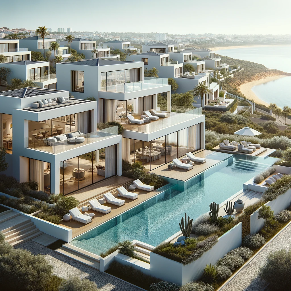 Luxurious modern villas with infinity pools and panoramic coastal views in the Algarve, with pristine landscaping and a serene environment.