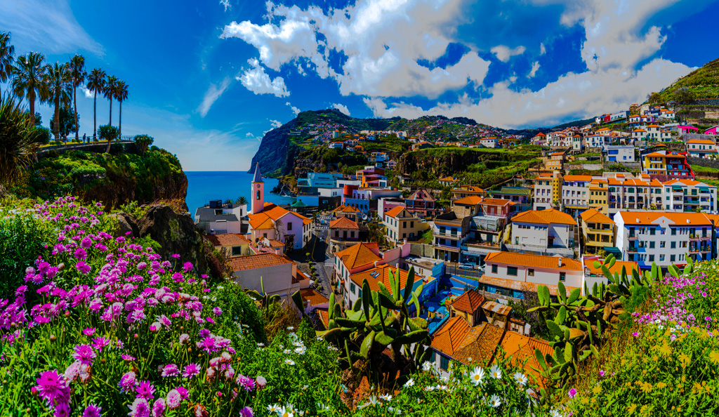 A panoramic view of Madeira's coastline with colorful houses, lush gardens, and flowering cliffs under a blue sky with clouds.