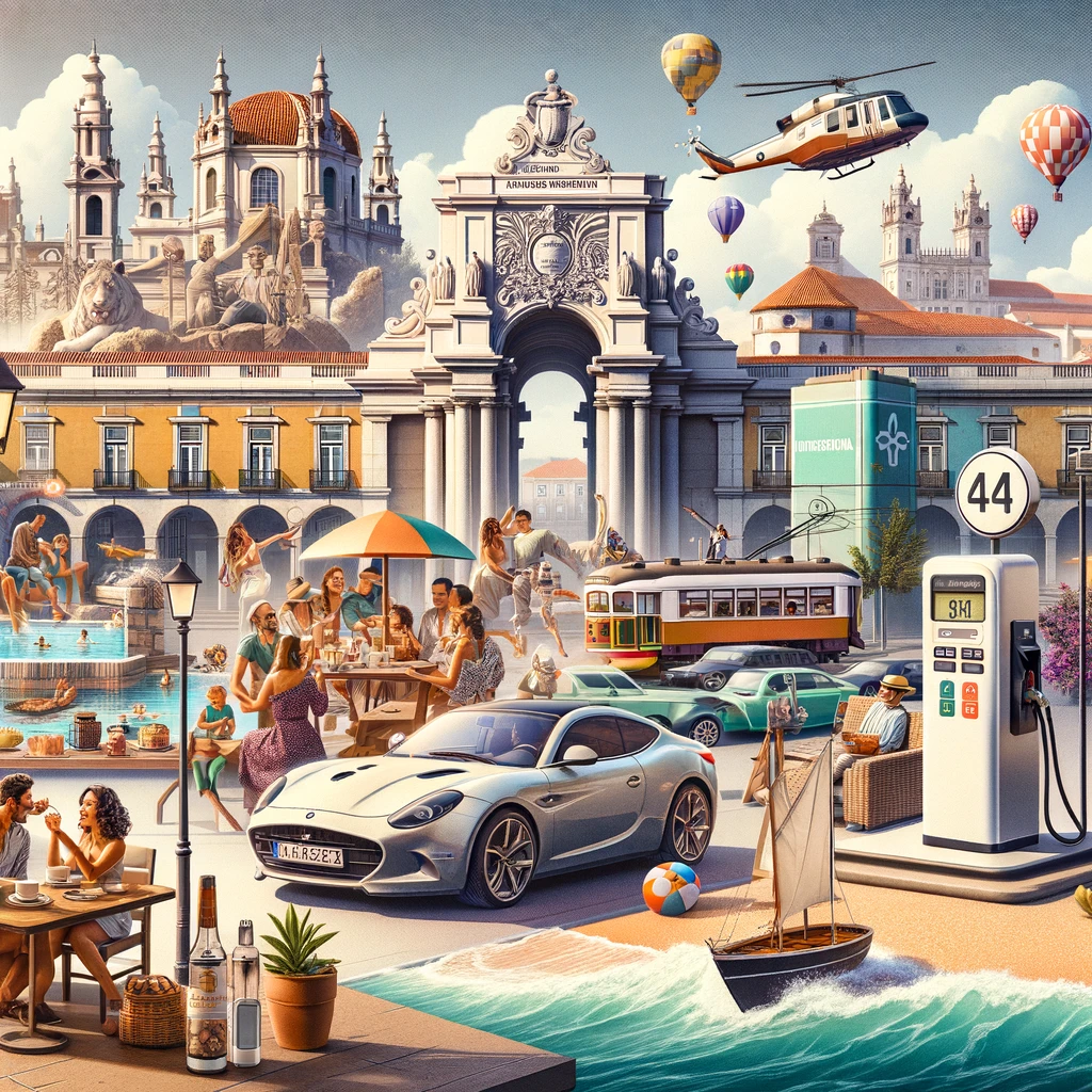 A realistic depiction of life in Portugal, showcasing people engaging in various leisure activities and using the country's efficient transportation network.