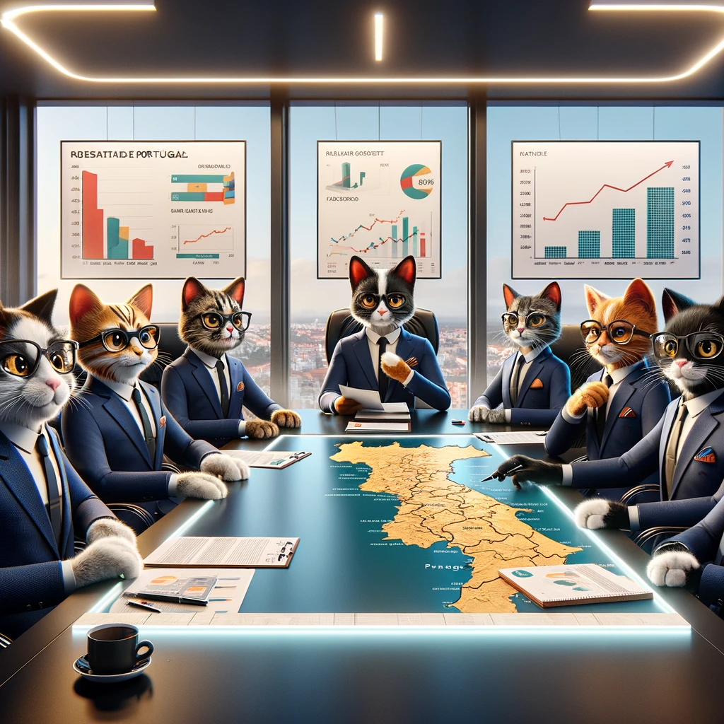 Anthropomorphic cats in business suits seated around a conference table with real estate charts and a map of Portugal, in a high-rise office setting.