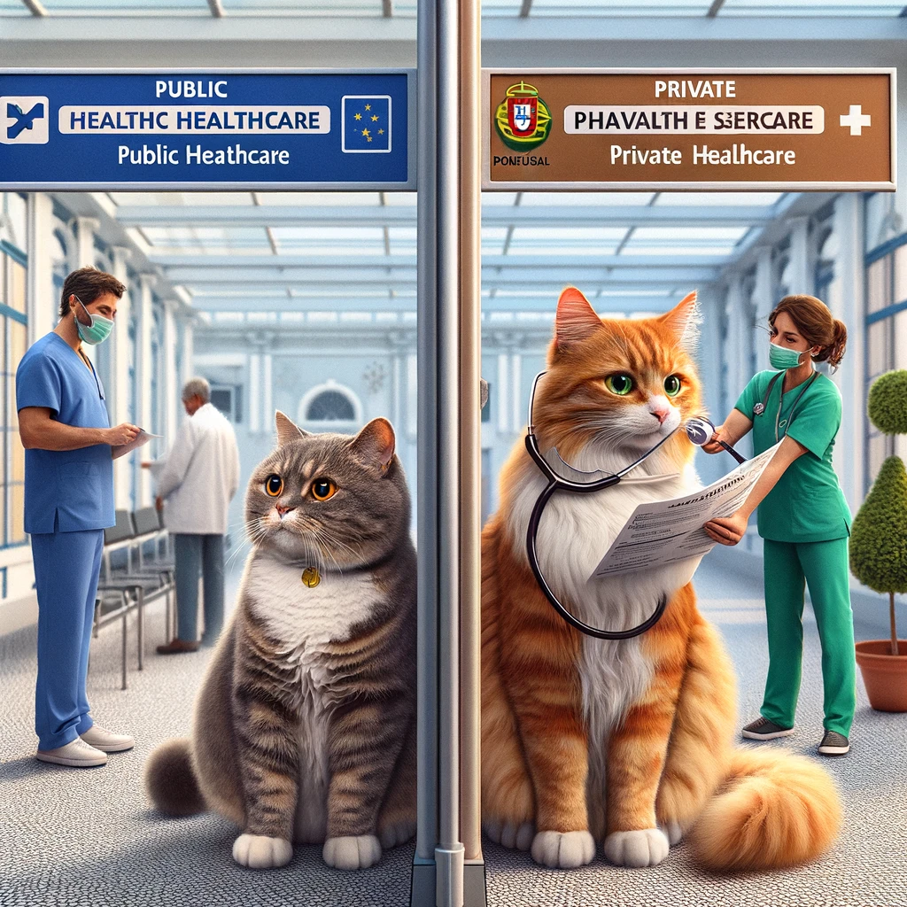 Two cats in Portugal navigate their healthcare options, one waiting at a public health center and the other receiving quick care in a luxurious private clinic