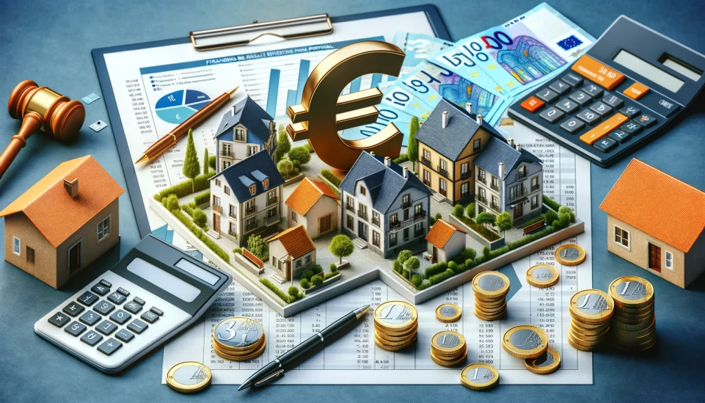 Financing options for property investment in Portugal, featuring euros and Portuguese real estate symbols.