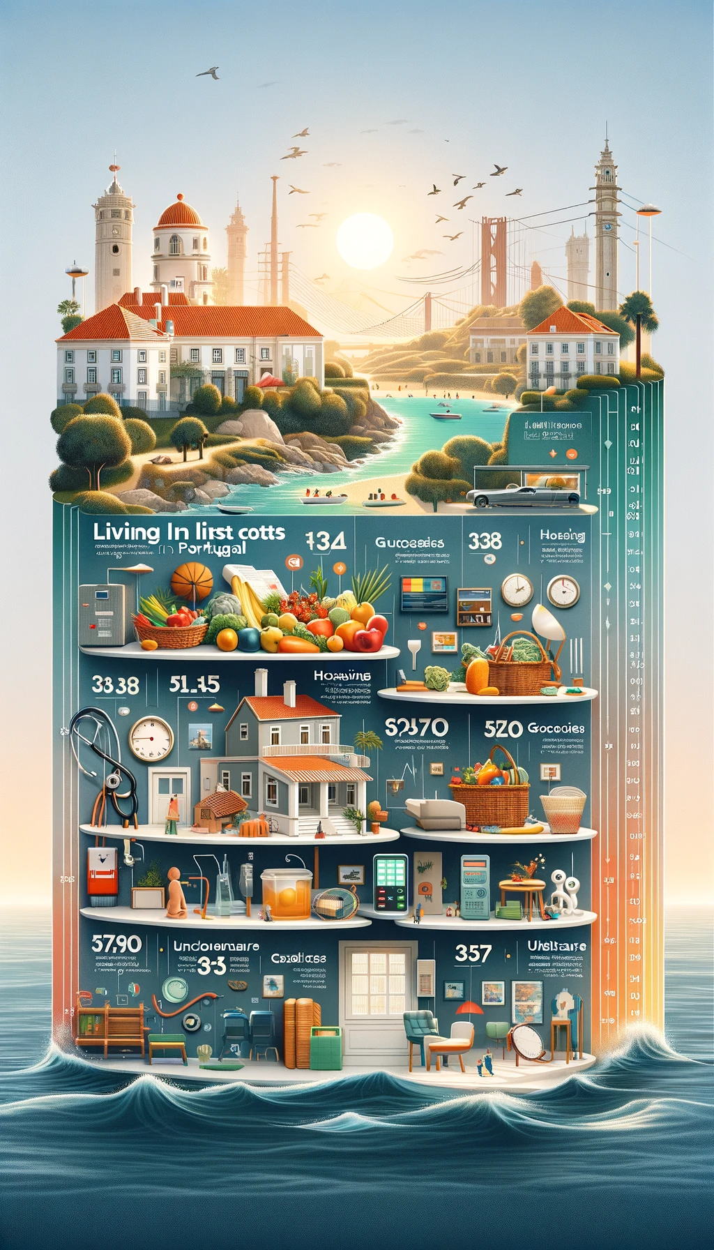 A detailed infographic highlighting the living costs in Portugal, featuring realistic representations of housing, groceries, utilities, healthcare, and leisure against a Portuguese backdrop.