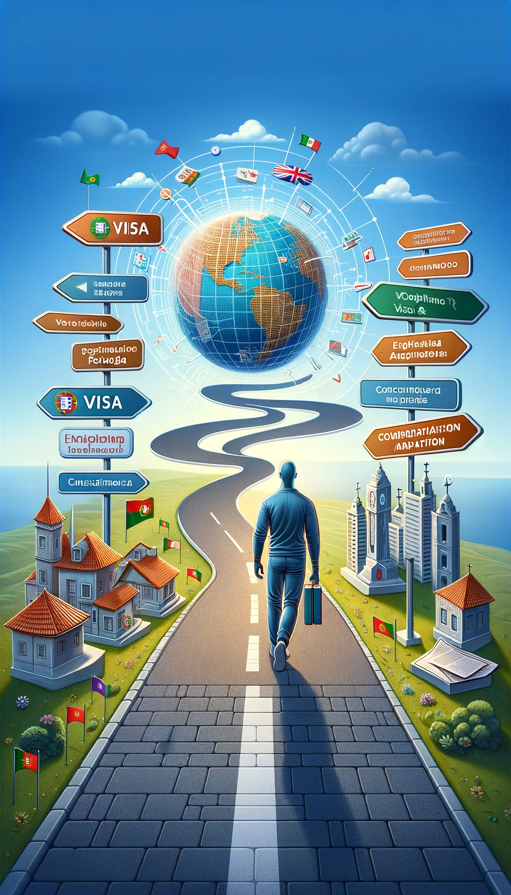 A portrait-oriented image depicting a person on a path lined with signposts for visa and residency processes against a globe focused on Portugal.