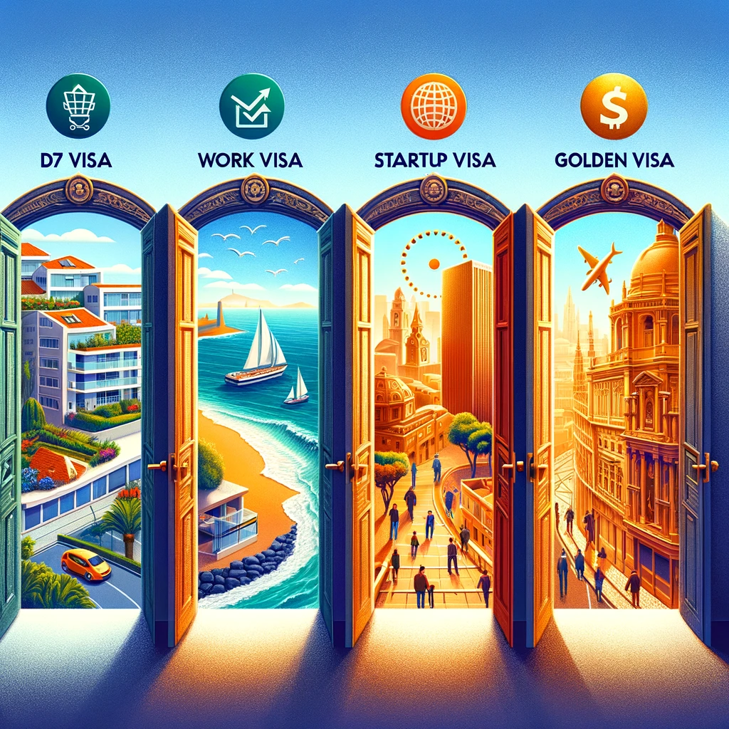 An image depicting four ornate doors, each opening to a scene representing a different Portuguese visa category, symbolizing the journey to residency.