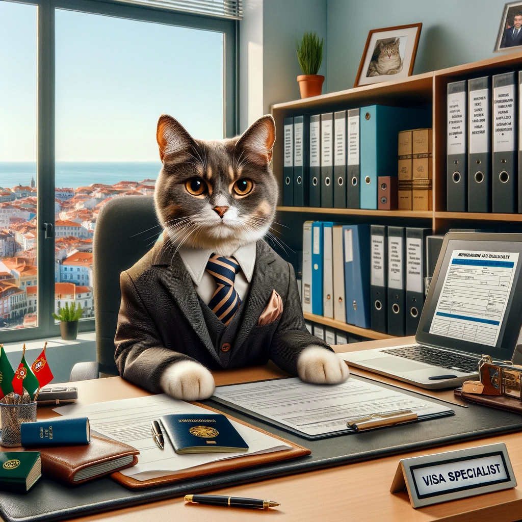 A realistic cat dressed in a professional suit and tie, sitting at an office desk as a visa specialist, with a Portuguese cityscape in the background.