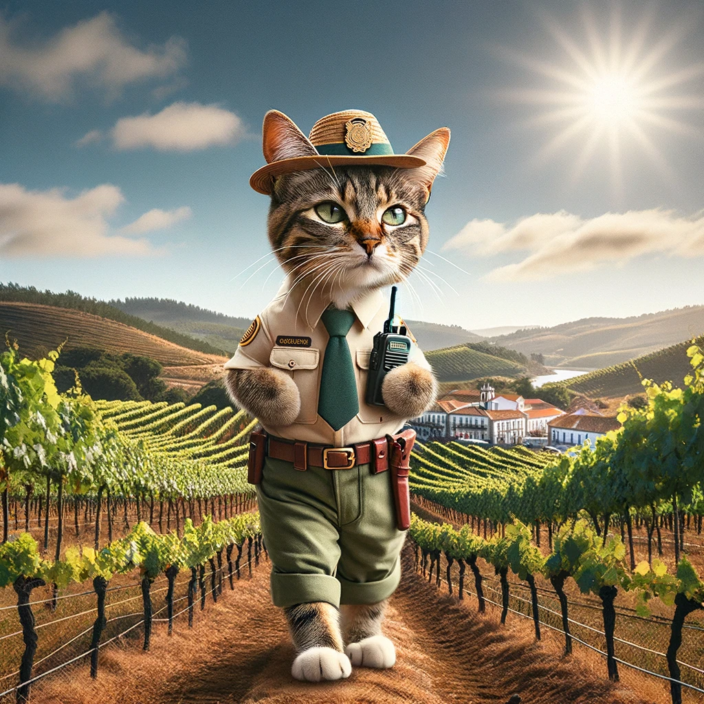 A realistic cat, adorned with a badge, patrols a Portuguese vineyard, demonstrating dedication to its role as a mouse patrol officer under the sunny skies