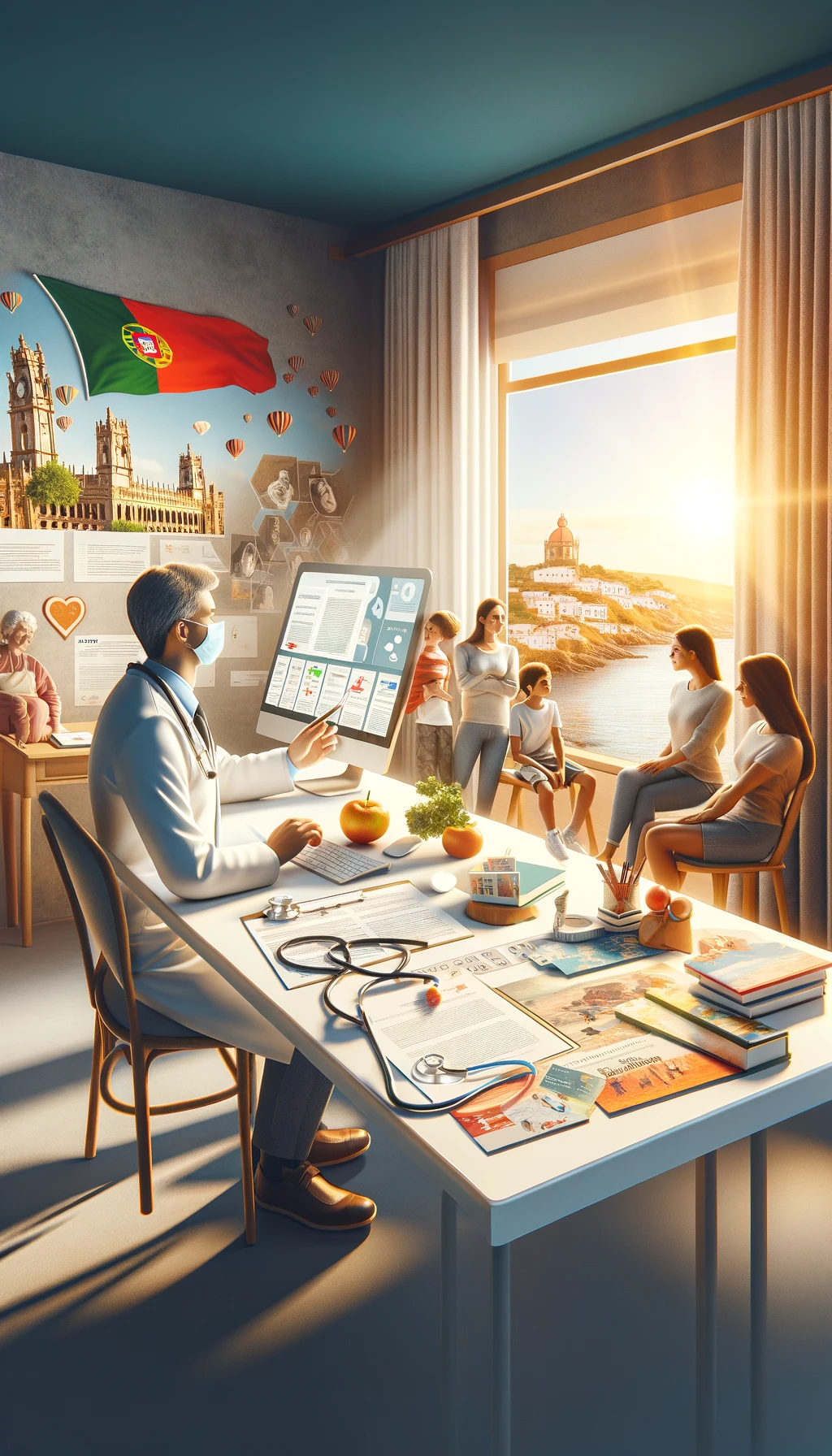 A portrait-oriented image showing a family or individual engaging with Portugal's healthcare system, with elements of health and wellness, against a backdrop of Portuguese landmarks.