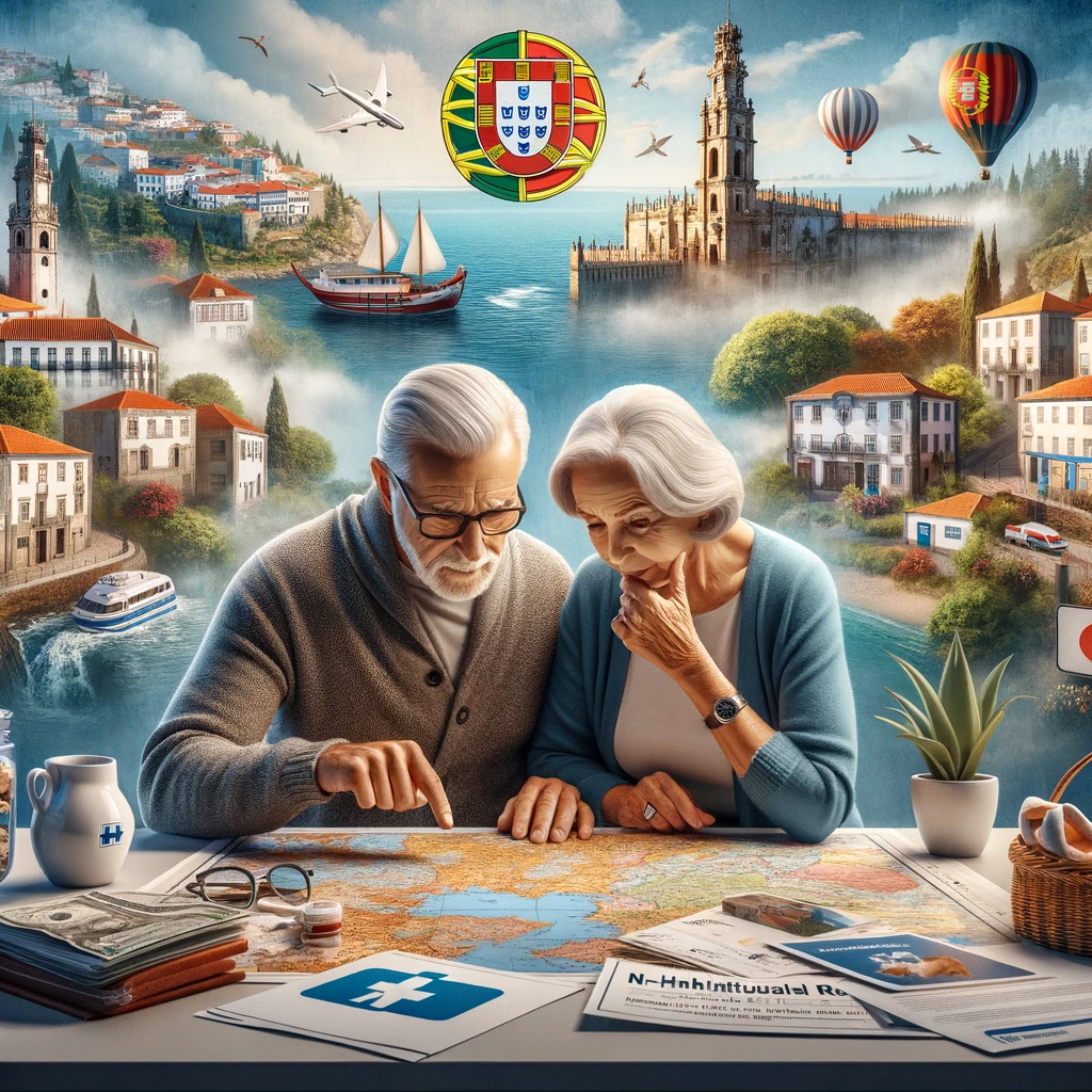 A retirement-age couple explores the possibilities of living in Portugal, surrounded by imagery of Porto, Coimbra, Madeira, healthcare symbols, and NHR documents.