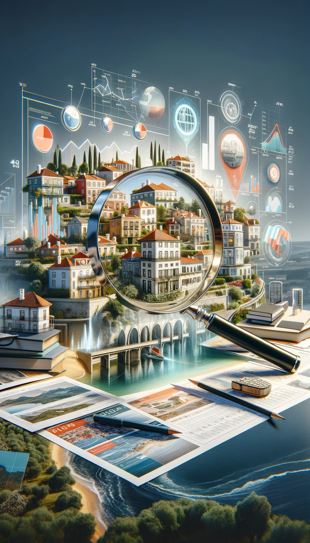 A portrait-oriented image showcasing a mix of modern and traditional Portuguese properties, with visual cues indicating investment opportunities in 2024.