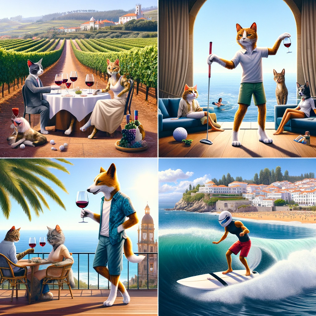 Anthropomorphic cats and dogs engaging in wine tasting, golfing, surfing, and enjoying luxury beach villas in Portugal, depicting a high-end lifestyle