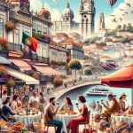 A portrait-oriented image showcasing individuals engaging in diverse activities that embody the Portuguese lifestyle, set against the backdrop of iconic landmarks