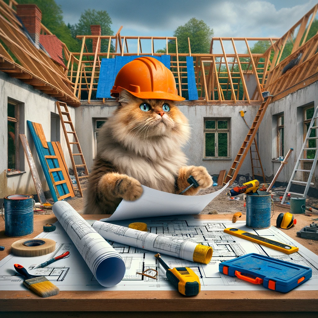 A realistic depiction of an anthropomorphic cat wearing a construction helmet, actively renovating a property, surrounded by tools and signs of improvement.