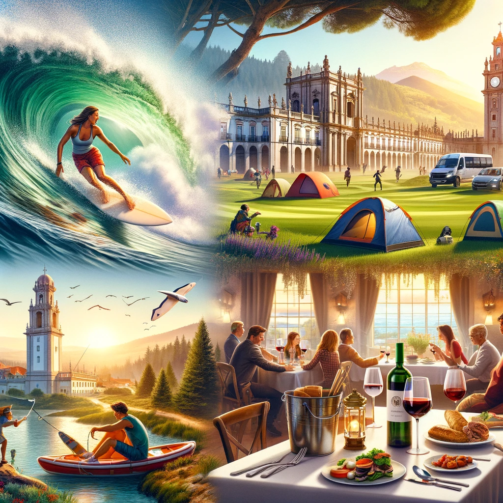 A realistic depiction of expats engaging in surfing, golfing, camping, and wine tasting in Portugal's stunning landscapes, from beaches to vineyards