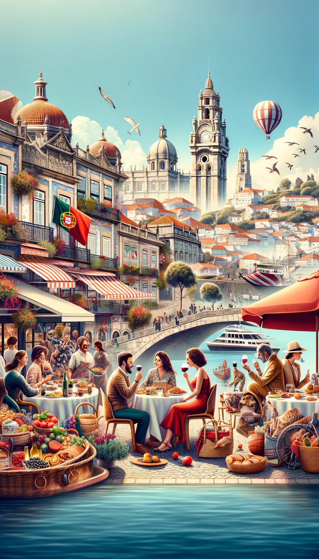 A portrait-oriented image showcasing individuals engaging in diverse activities that embody the Portuguese lifestyle, set against the backdrop of iconic landmarks