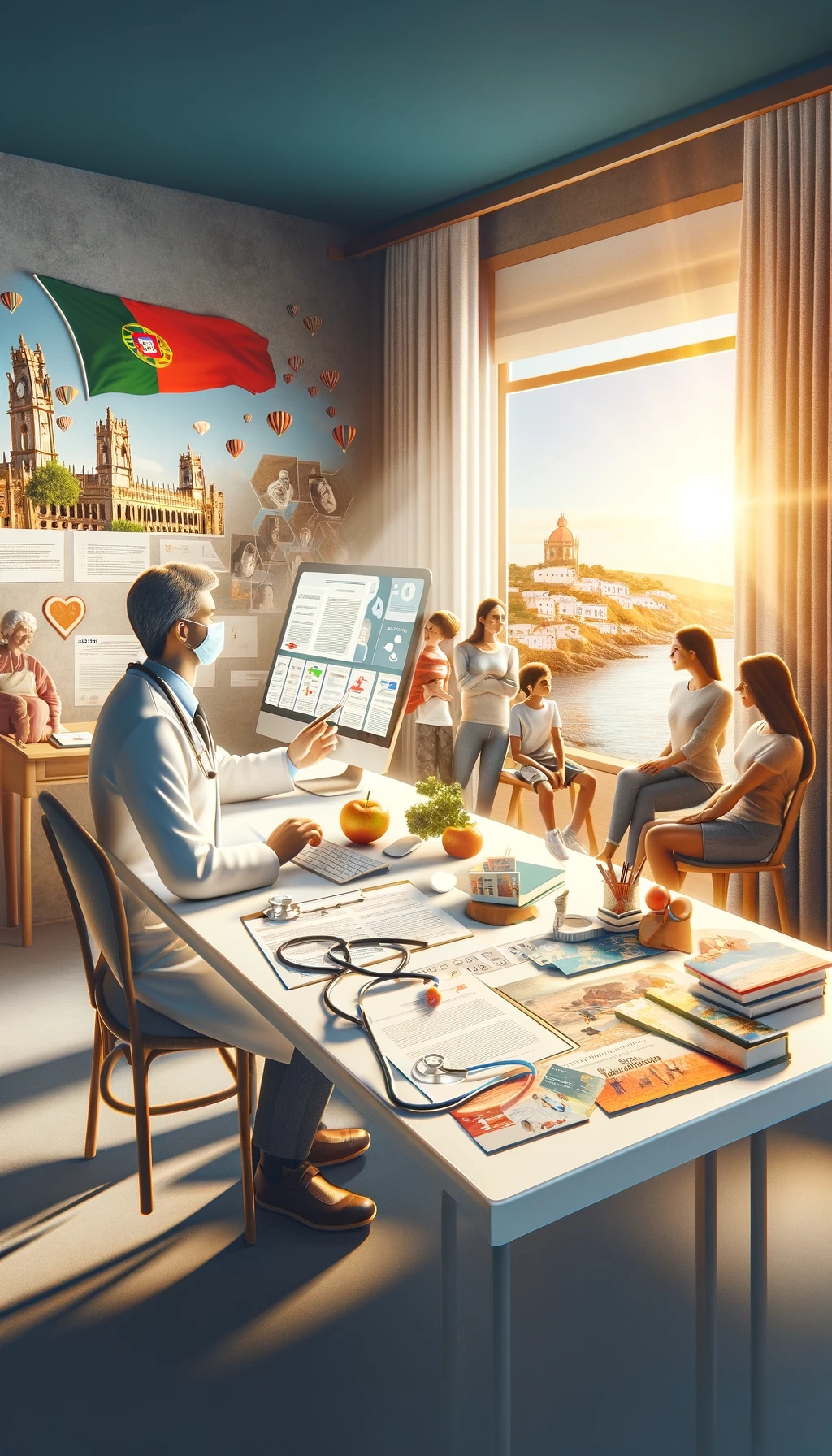 A portrait-oriented image showing a family or individual engaging with Portugal's healthcare system, with elements of health and wellness, against a backdrop of Portuguese landmarks.